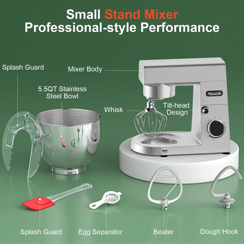 HOWORK Stand Mixer,10+p Speeds With 5.5QT Stainless Steel Bowl,Dough Hook, Wire Whip & Beater,for Most Home Cooks,Silver