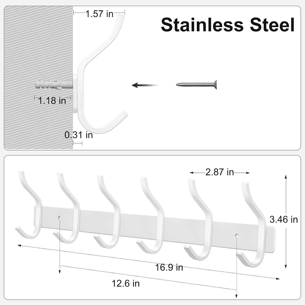 White Wall Hooks Heavy Duty, 17 Inch Coat Hooks Wall Mount with 6 Hooks,2 Packs Wall Hooks Hangers for Entryway, Bathroom - for Hanging Backpack, Bag, Coat, Purse, Hat, Towel, Clothes