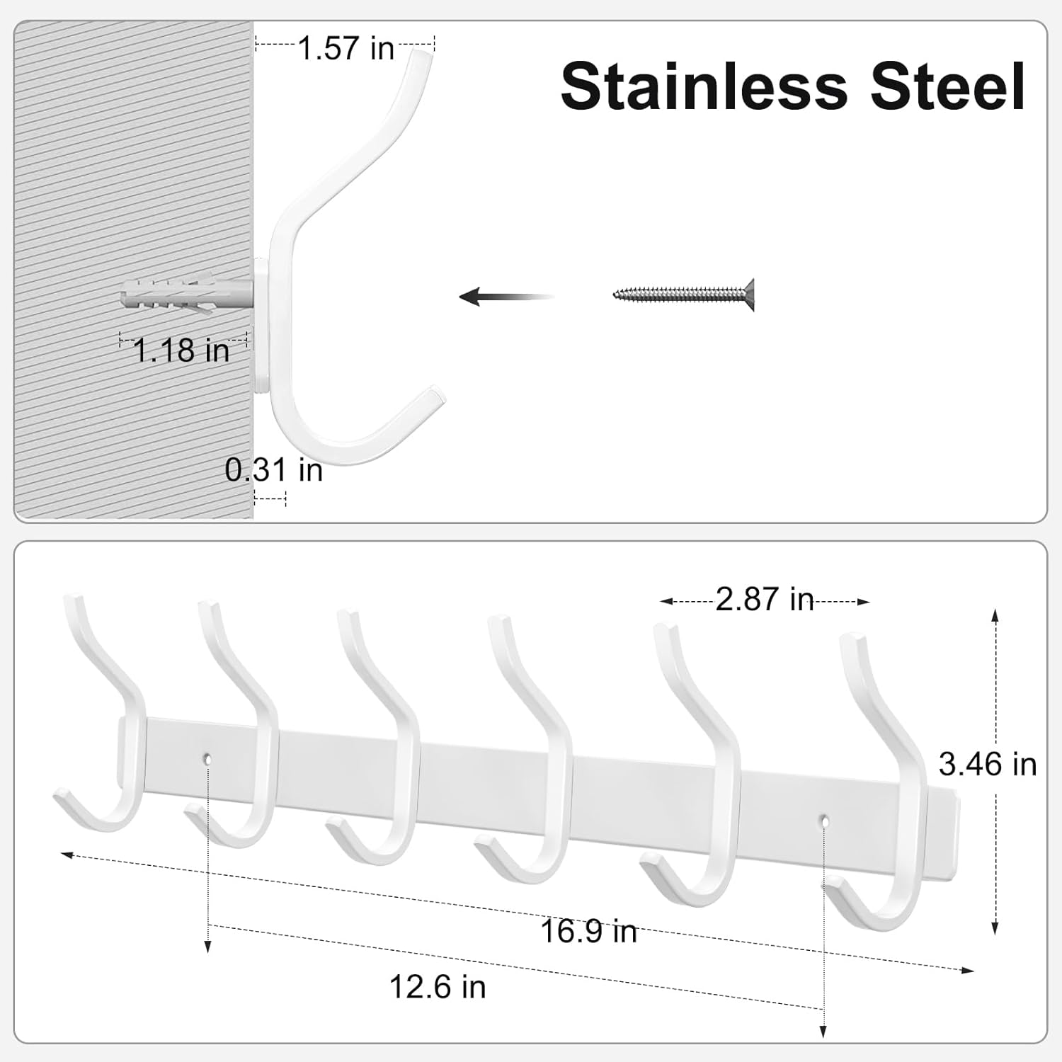 White Wall Hooks Heavy Duty, 17 Inch Coat Hooks Wall Mount with 6 Hooks,2 Packs Wall Hooks Hangers for Entryway, Bathroom - for Hanging Backpack, Bag, Coat, Purse, Hat, Towel, Clothes