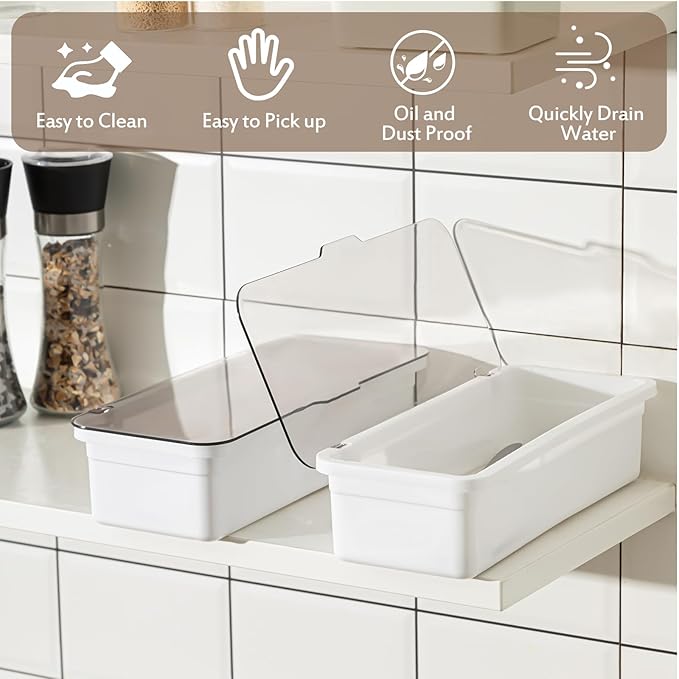 Remerry 6 Pcs Flatware Tray with Lid and Drainer, Plastic Utensil Organizer, Kitchen Cutlery Transparent Storage Box with Lid and Drain Rack, Drawer Tableware Storage Box for Home and Travel (White)