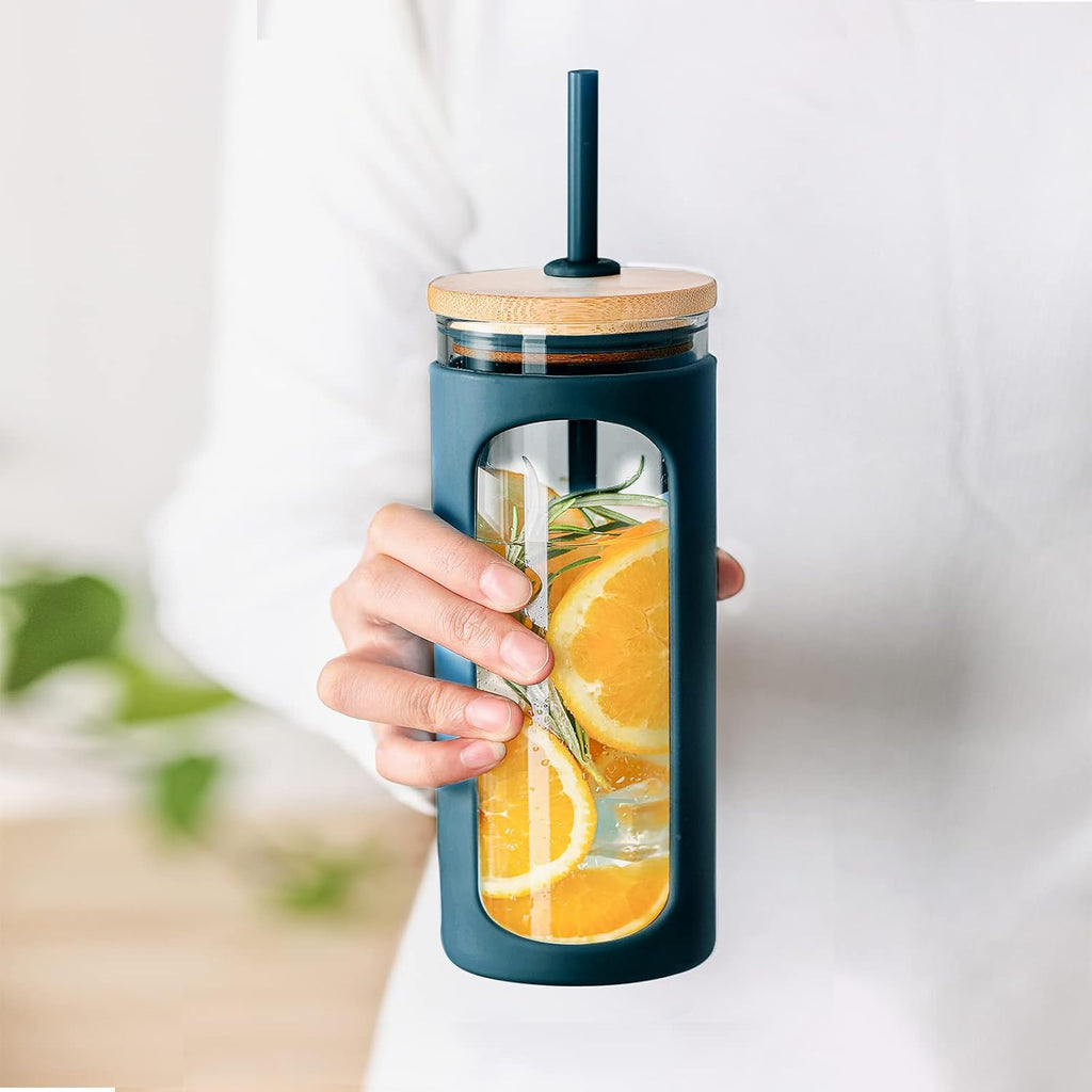 Kodrine 20oz Glass Tumbler with Straw and Lid, Iced Coffee Cups with Bamboo Lids, Glass Cups for Cold Drinks, Smoothie Cup with Silicone Sleeve for Travel, Work, BPA FREE-RoyalBlue