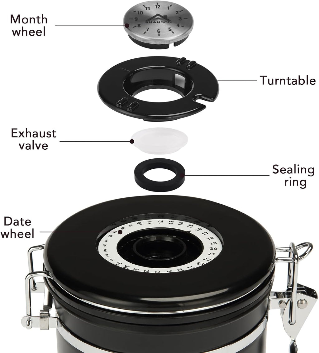 ShanSon Coffee Canister Airtight Coffee Container Stainless Steel Coffee Bean Storage Container with Scoop and See Through Window Coffee Canister for Beans Grounds Sugar Flour Tea Cereal,16OZ, Black