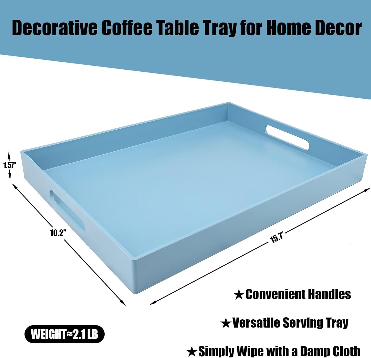 Blue Serving Tray for Coffee Table, Rectangular Plastic Decorative Tray with Handles for Entertaining, Outdoor Patio, Living Room, Ottoman, Bathroom Counter, 11.8”*15.7”*1.6”