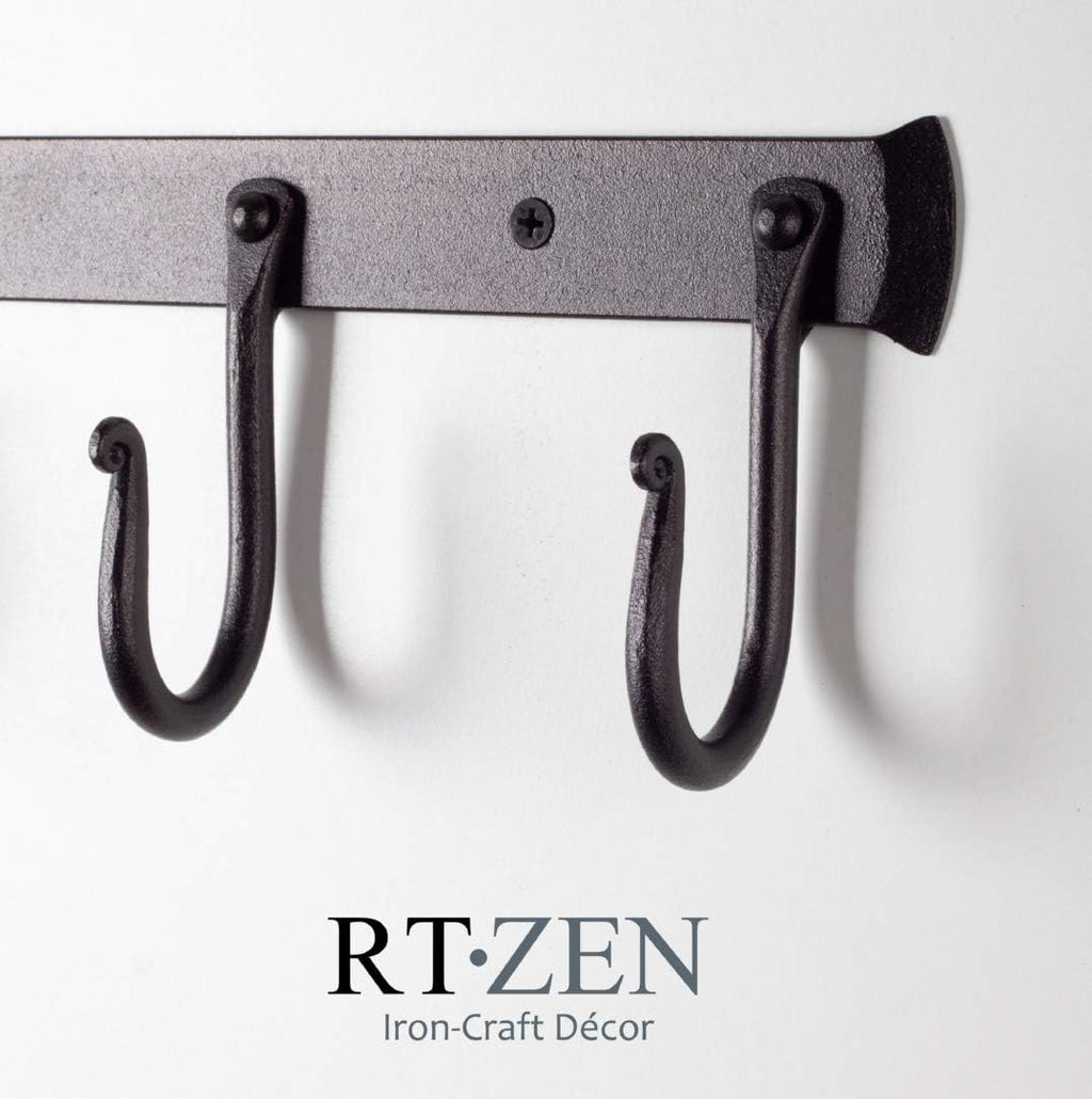RTZEN Wall Mount Hook Set - Wrought Iron Decorative Rustic Metal Coat Hooks for Hanging - Handcrafted Classic Farmhouse Wall Mounted Black Hooks for Towel Robe or Hat Hanging - 3 Hook Rack
