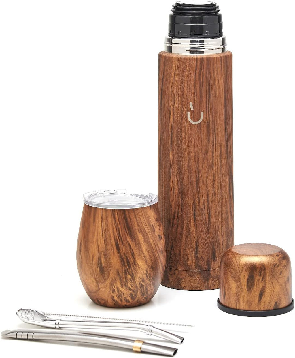 BALIBETOV Complete Yerba Mate Set - Modern Mate Gourd, Thermal Flask, Bombilla and Cleaning Brush Included - All Premium Quality 304 18/8 Stainless Steel (Wood)