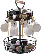 Coffee Mug Holder, 2 Tier Coffee Cup Holder with Hooks, Rotatable Mug Rack Organizer with Cup Pods & Saucer Basket for Bar Kitchen Counter