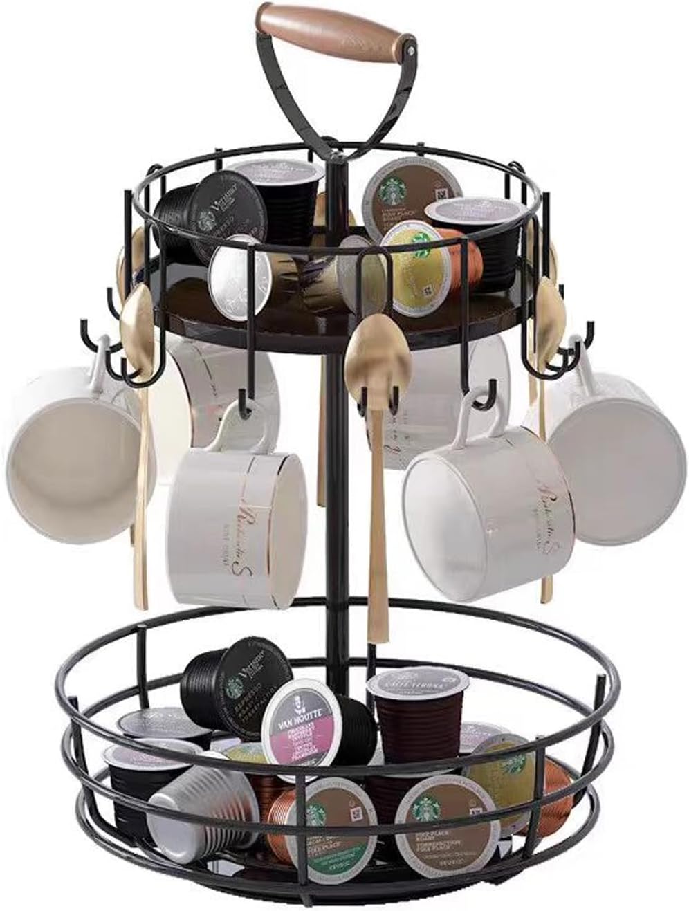 Coffee Mug Holder, 2 Tier Coffee Cup Holder with Hooks, Rotatable Mug Rack Organizer with Cup Pods & Saucer Basket for Bar Kitchen Counter