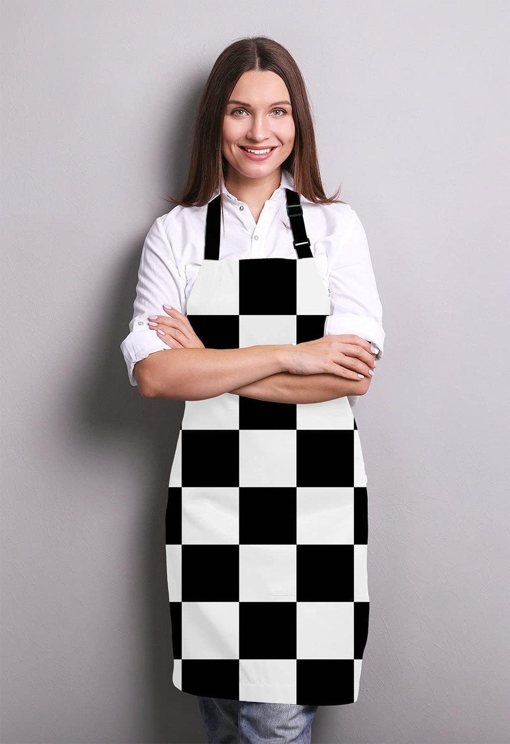 Black and White Art Design Checkered Bib Apron with Adjustable Neck for Men Women,Suitable for Home Kitchen Cooking Waitress Chef Grill Bistro Baking BBQ Apron