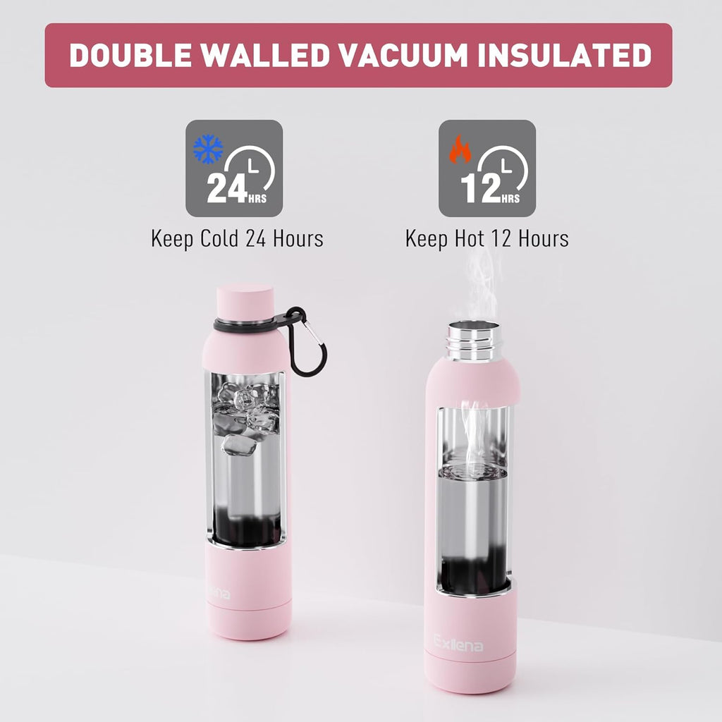Slim Insulated Water Bottles for Travel 25oz with Clip, Double Wall Vacuum Stainless Steel Water Bottle Keeps Drinks Cold 24 Hrs/Hot 12 Hrs, 100% Leakproof, BPA Free(Pink)