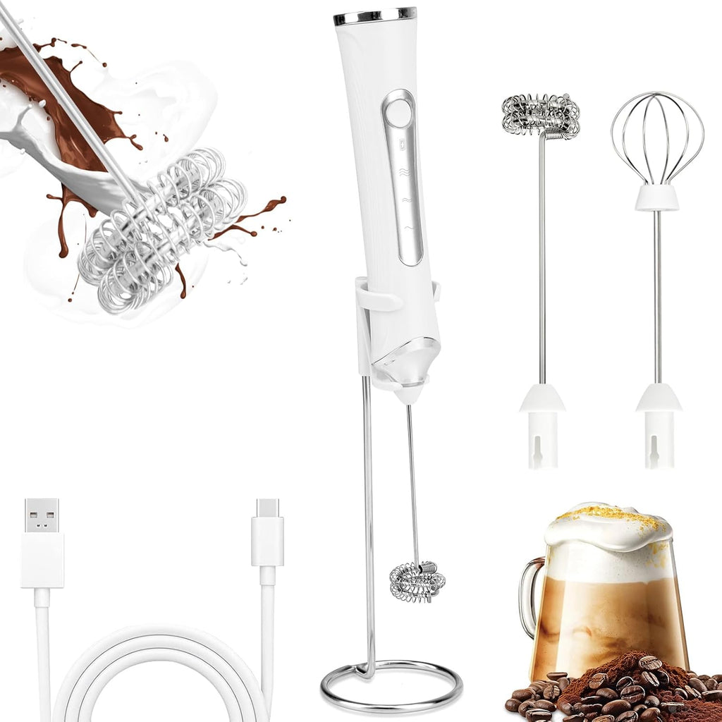 TonJin Milk Frother USB C Rechargeable New Upgraded Handheld Frother Wand with 2 304 Stainless Whisks 1 Stand, 3 Speeds Electric Coffee Whisk Frother for Lattes, Cappuccino, Egg, Matcha, White
