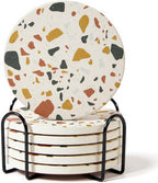 Absorbent Coaster Set of 6 with Holder, Drink Coasters for Coffee Table, Kitchen, Home Decor, Cute Ceramic Round Coasters, Alternative to Silicone, Cork or Glass Coaster (Sunset with Black Holder)