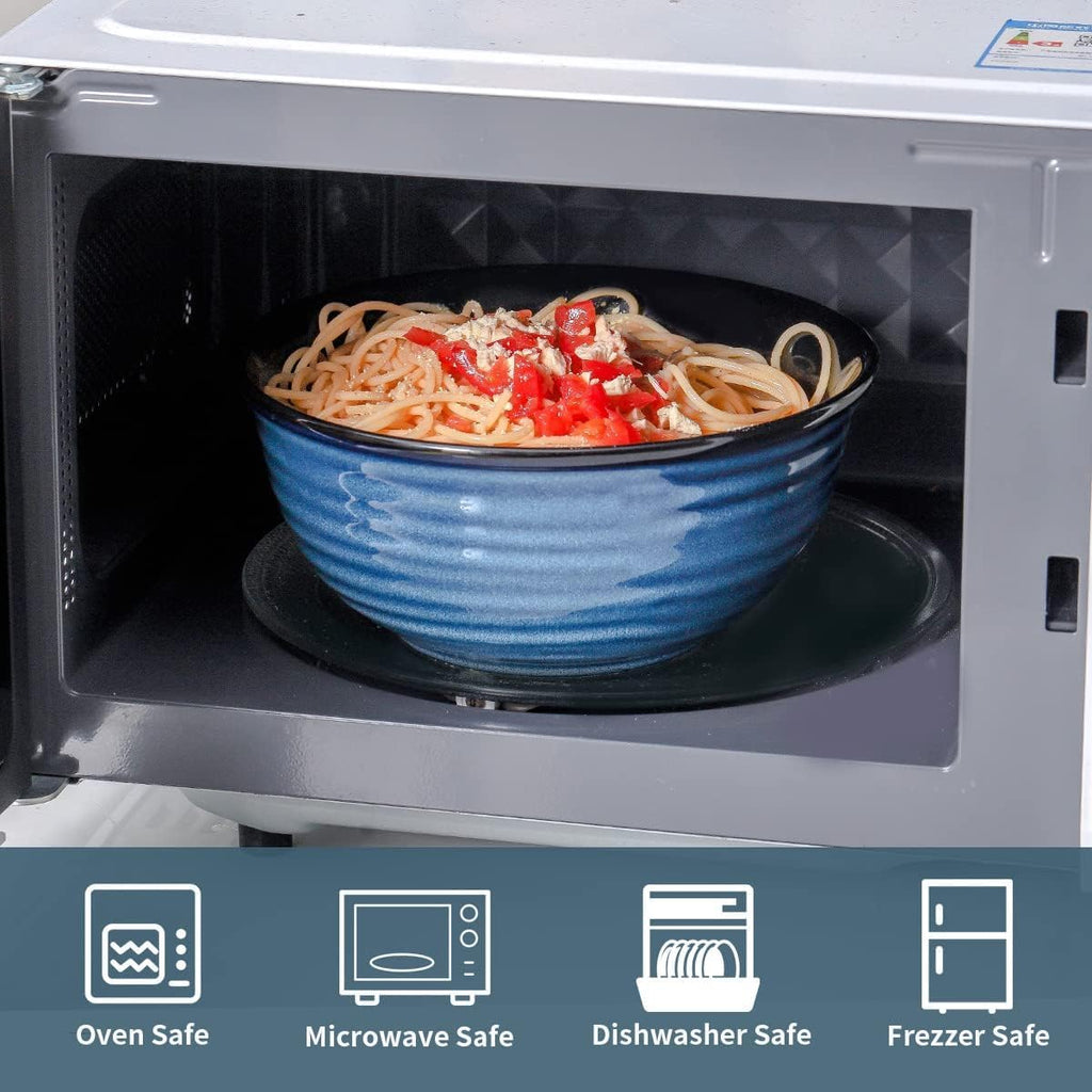 MEKY 65oz Ceramic Mixing Bowls Set of 2, Deep Large Ribbed Serving Bowls for Salad, Pasta, Ramen, Soup, Durable Kitchen Bowl Set, Microwave Oven Dishwasher Safe Porcelain，Blue