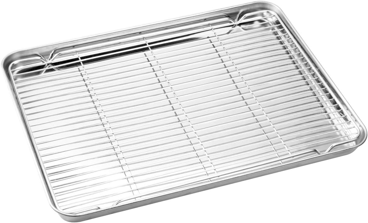 Wildone Baking Sheet & Rack Set [2 Sheets + 2 Racks], Stainless Steel Cookie Pan with Cooling Rack, Size 17.3 x 12.2 x 1 Inch, Non Toxic & Heavy Duty & Easy Clean