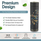 Farasi Tea Infuser for Loose Leaf Tea Smart Water Bottle with Fahrenheit Temperature Display, Stainless Steel, Insulated Coffee and Fruit Tea Infuser Bottle - Black Floral Tea Mug 15 oz