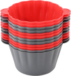 12 Pack Reusable Non-stick Large Silicone Baking Cups, 3.54 Inch Jumbo Silicone Cupcake Liners, Cake Molds with Handles, Large Muffin cups, Red and Gray