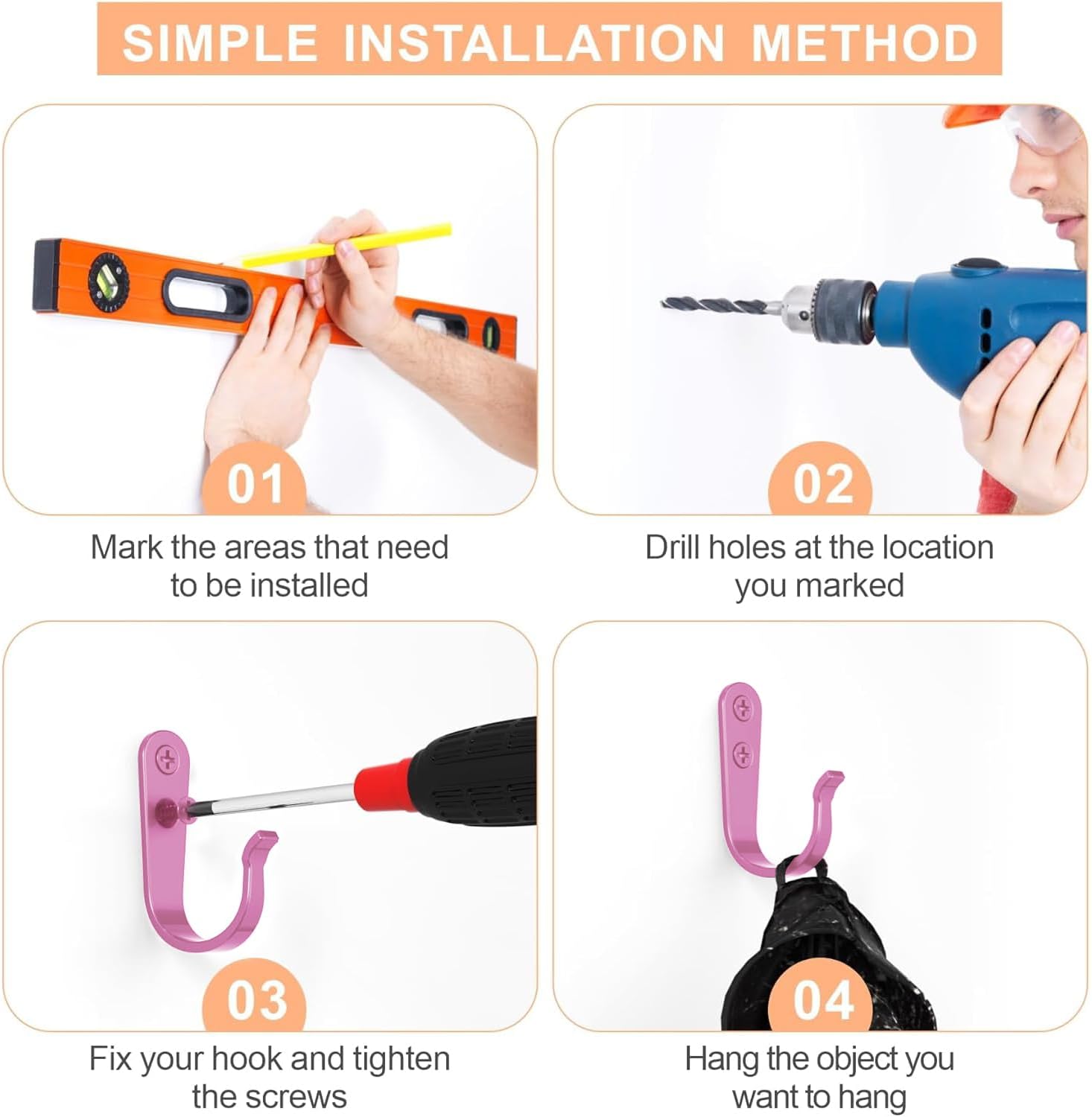 20PCS Wall Hooks for hanging, Metal Wall Hooks for Coats, Coat hooks for Wall, Heavy Duty Single Prong Wall Hooks With 40 Pieces Screws for Hanging Coats，Towel，Backpack，Hat, Dog Leashes (Pink )