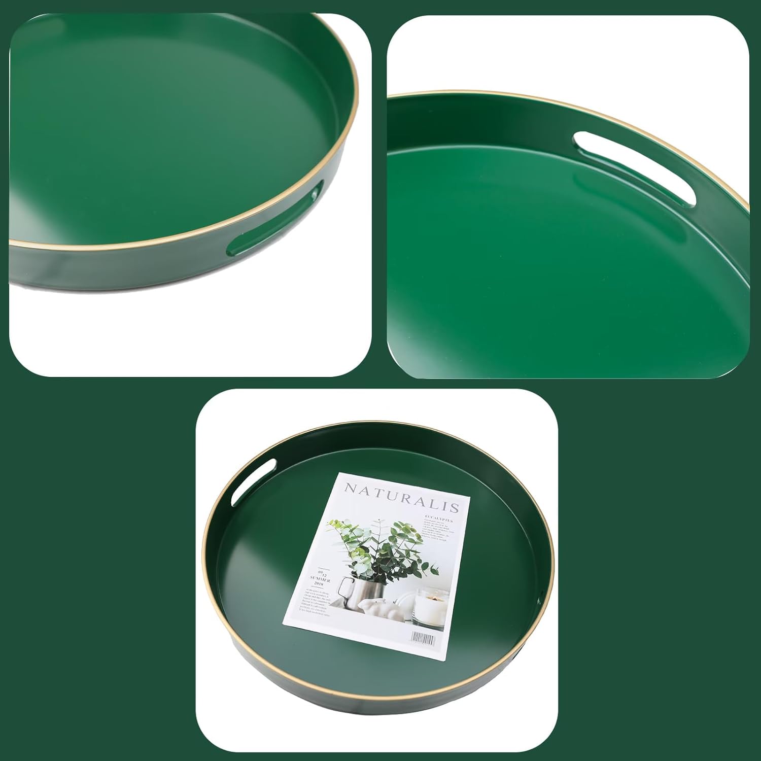 Green Round Decorative Tray with Handles, 13" Versatile Serving Tray for Coffee Table, Ottoman, Ideal for Serving, Displaying, Organizing