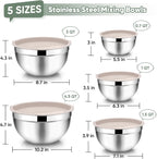 TeamFar Mixing Bowls with Lids, 5-Piece Stainless Steel Metal Nesting Salad Bowl for Mixing Prepping, Healthy & Heavy Duty, Airtight Lids & Dishwasher Safe, 4.5/3/1.5/1/0.7 QT-Khaki
