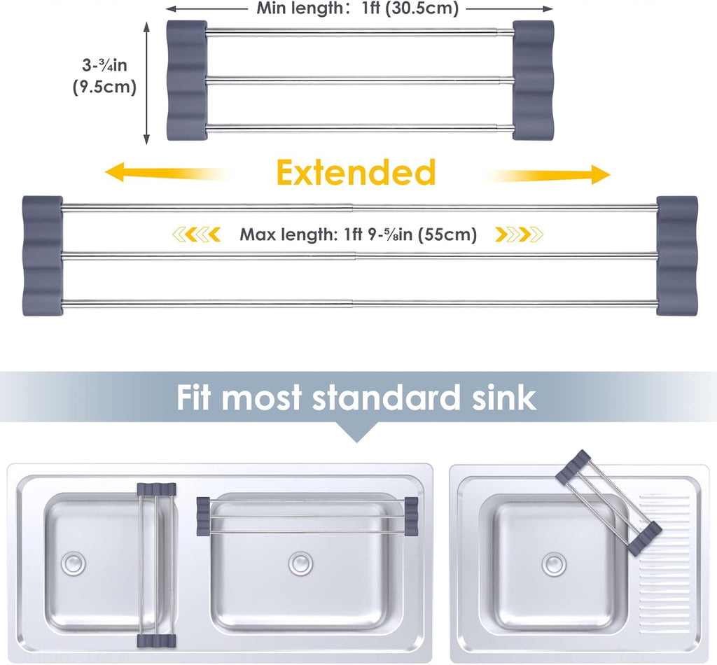 Tomorotec Adjustable Over-The-Sink Kitchen Rack for Dishcloths, Sponges, Bottles and Brushes - Heat-Resistant Stainless Steel with Slim, Expandable Design and Multifunctional Silicone Holder