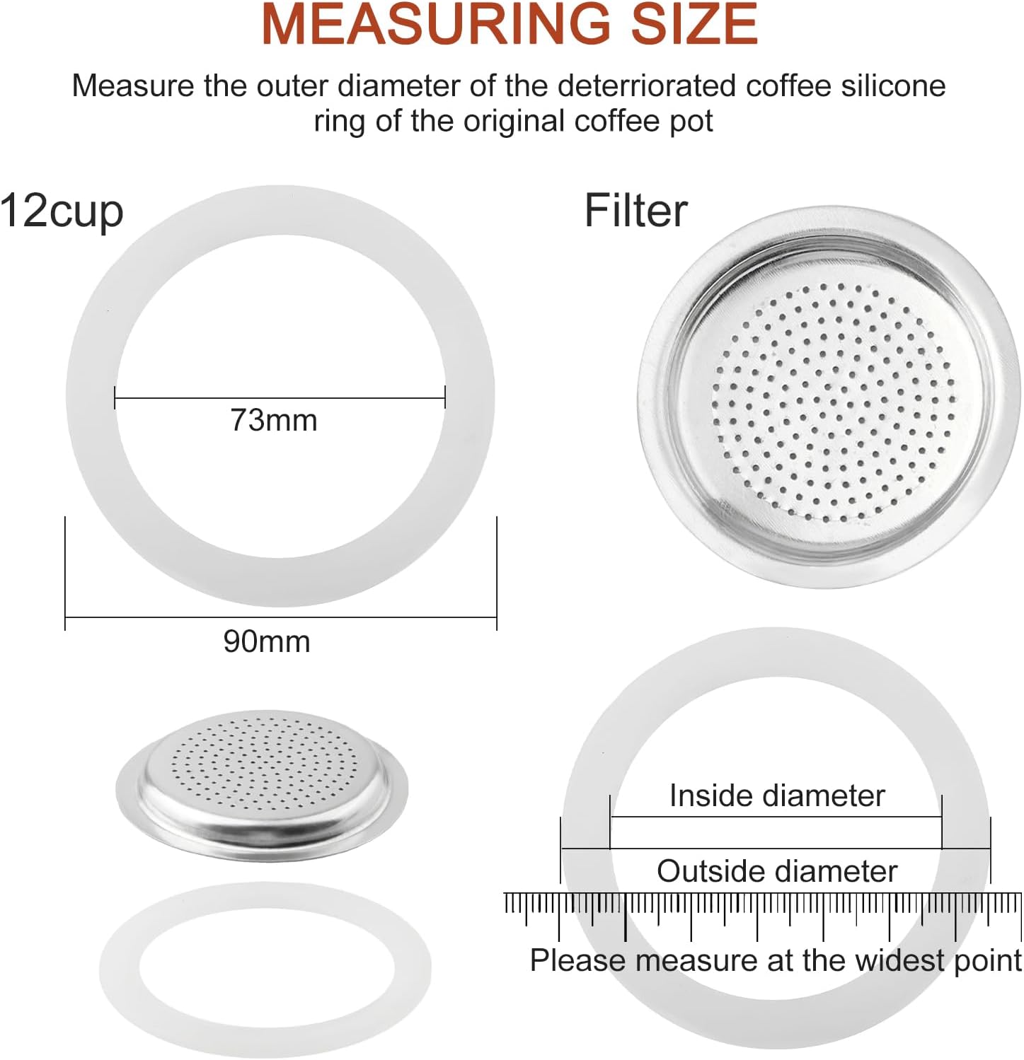 2/3/6/9/12 Cup Gasket & Filter For Stovetop Espresso Coffee Makers, Rubber Seal For Stove Top Coffee Maker Moka Pot, Silicone Gasket Seals, Espresso Machine Replacement Parts(12 cup)