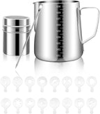 Milk Frothing Pitcher, 900ml/32oz Stainless Steel Milk Frother Cup Steaming Pitcher Espresso Machine Accessories with Decorating Art Pen, Powder Shaker, 16 PCS Coffee Decorating Stencils