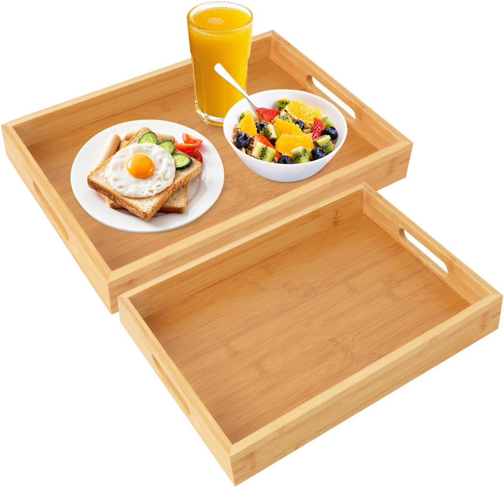 2 Pack Large Bamboo Serving Tray with Handles, 16 x 11.6 Inch and 14 x 10 inch Wooden Dinner Tray, Home Kitchen Breakfast Trays for Living Room Bedroom Kitchen Dinner Table, Picnic