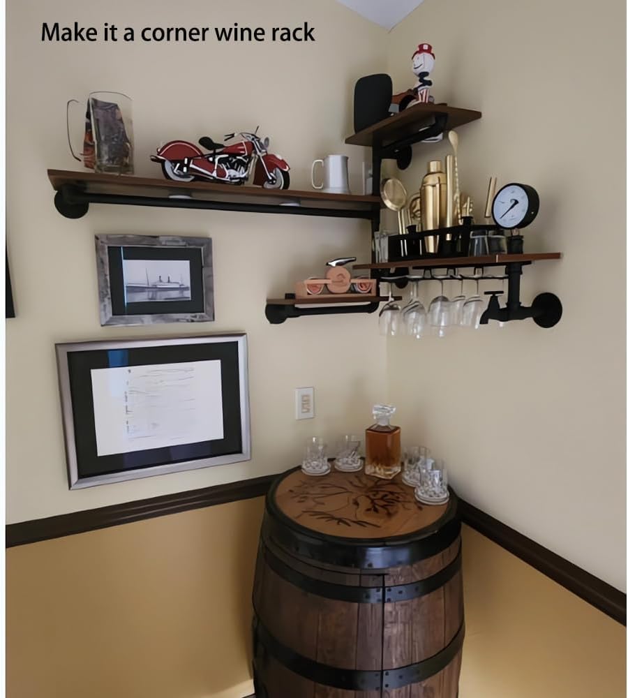 Industrial Pipe Shelves Wine Rack Wall Mounted with 4 Stem Glass Holder,Bar Shelves 39in Metal Hanging Wine Rack, Rustic Floating Pipe Shelf, Living Room Kitchen Decor Display Rack