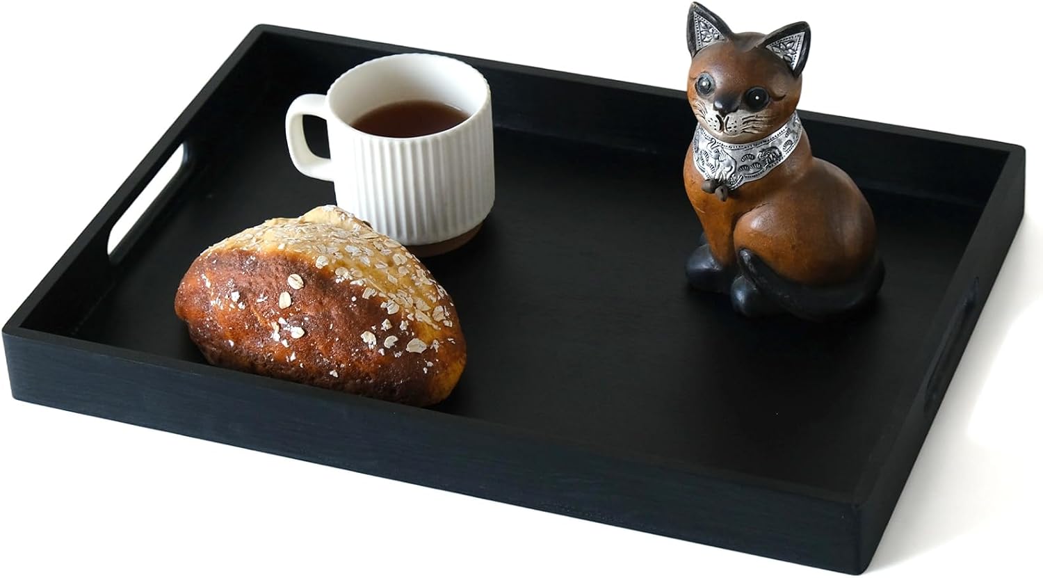 S310 Black Wood Serving Tray with Handles, 17 Inch Wooden Tray for Ottoman, Breakfast, Lunch, Dinner, Decorative Rectangular Tray for Living Room, Kitchen Counter, Outdoor