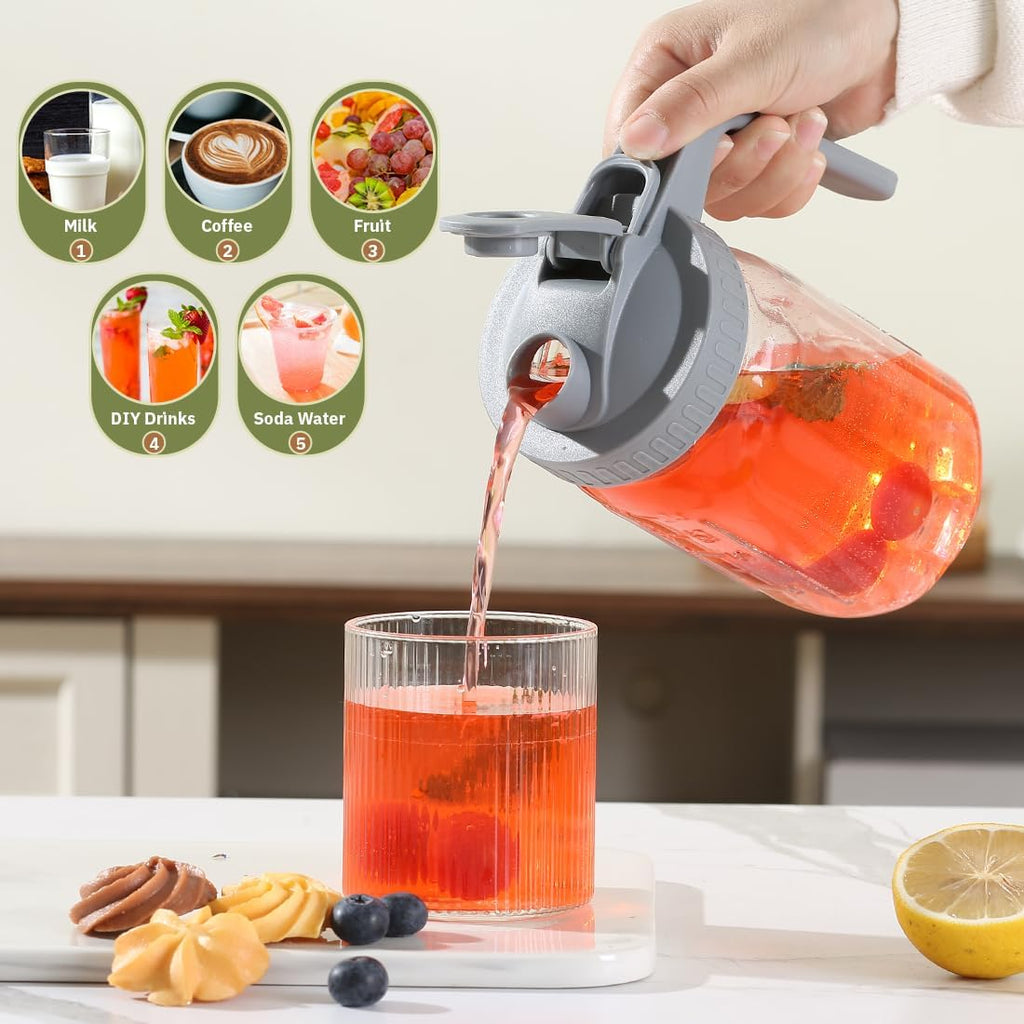 Glass Tea Pitcher with Wide Mouth Airtight Lid Leak Proof Fridge Container with Gray Lid Mason Jar for Water, Tea,Juice and Drinks (1 Pack-32OZ)