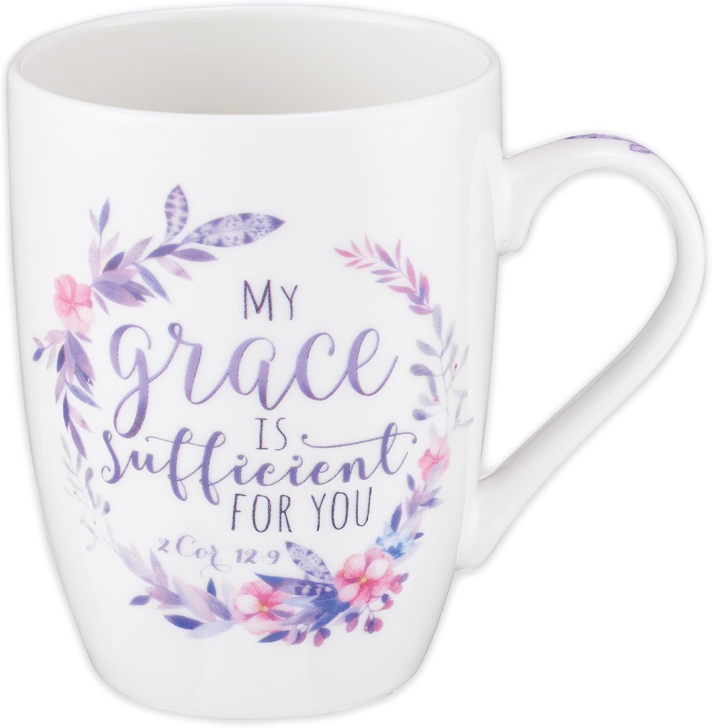 Christian Art Gifts Encouraging Ceramic Coffee & Tea Scripture Mug for Women: My Grace Is Sufficient Inspirational Bible Verse, Microwave/Dishwasher Safe, Cute Drinkware, White & Purple Floral, 12 oz.