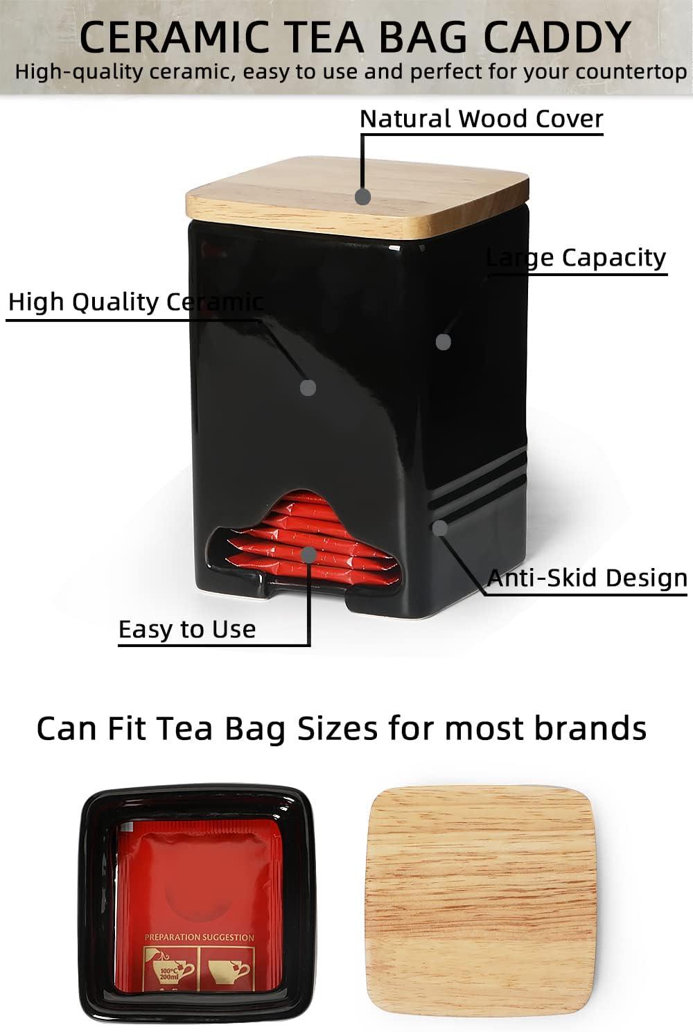 Ceramic Tea Bag Storage Organizer Caddy Holder with Lid (Black)