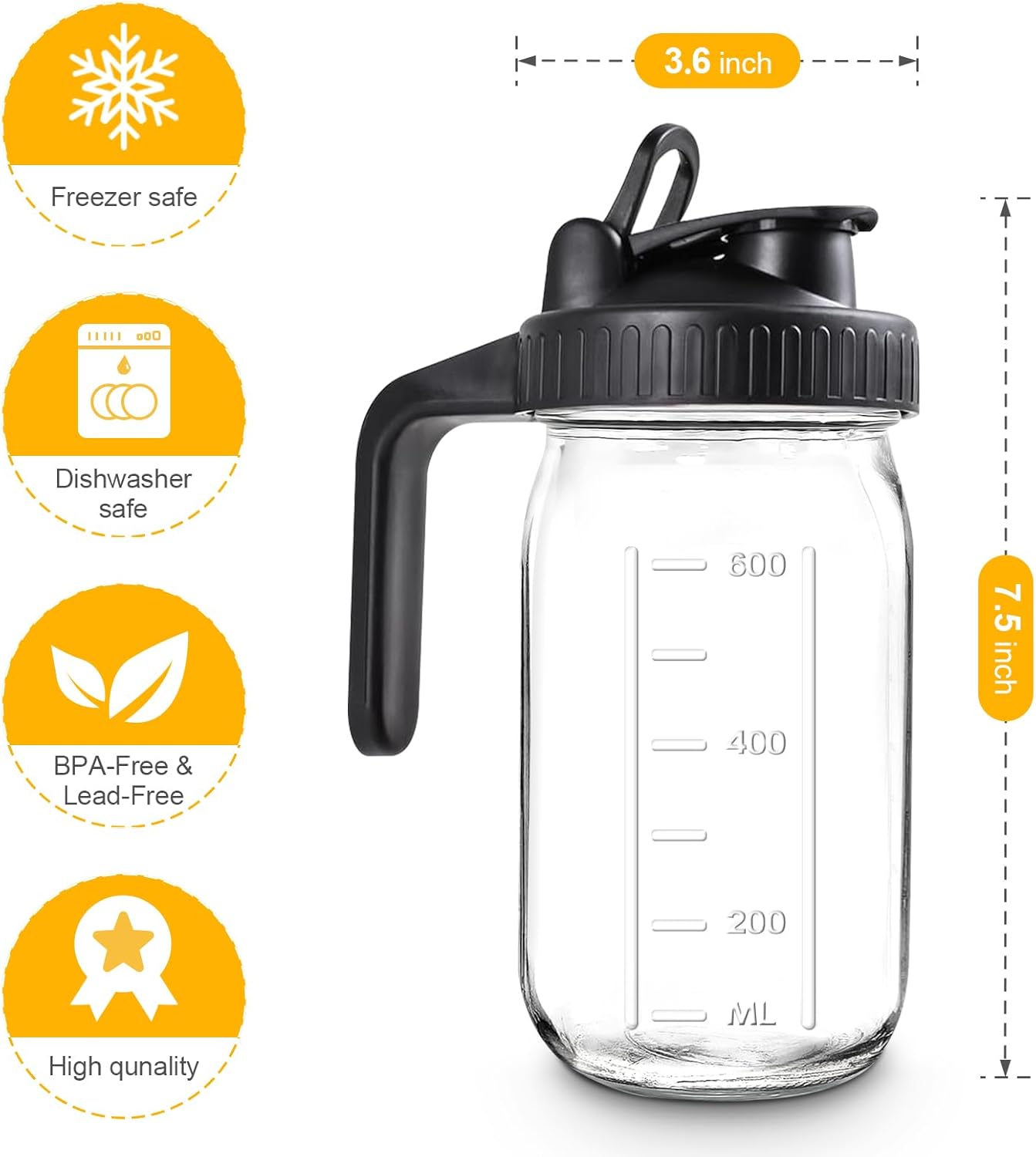 Mason Jar Pitcher, 32 OZ Glass Pitcher with Lid Double Leak-proof with Handle Water Jug Wide Mouth Breast Milk Pitcher Fridge Container for Water, Juice, Iced Coffee, Tea, Juice - Black