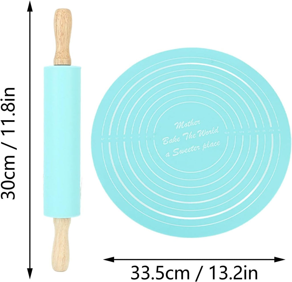 Large Silicone Rolling Pin Pastry Baking Mat Set for Kitchen (Blue)