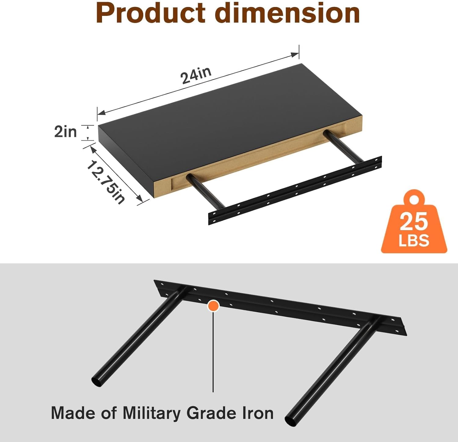 Floating Shelf, Set of 2 Wall Shelf, 24 in W x 12.75 in D x 2 in H Wooden Floating Wall Shelf with Invisible Brackets for Living Room/Bedroom/Bathroom/Kitchen Storage and Decor, Black