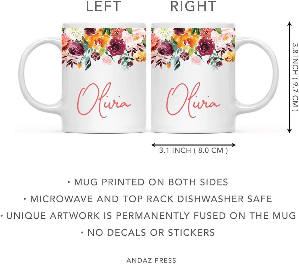 Andaz Press Personalized 11oz. Wedding Ceramic Coffee Tea Mug Bridesmaid Gift, Fall Autumn Burgundy Orange Peach Flowers Roses Florals, Olivia, 1-Pack, Includes Gift Box, Custom Name