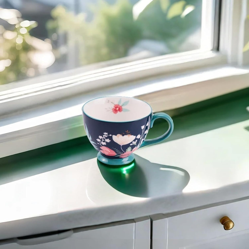 Vintage Flower Mugs – Large Ceramic Coffee Mug (15oz) – Cute Cereal Cup for Breakfast, Oatmeal Tea & Hot Drinks – Handmade Ceramic Cup with Floral Design