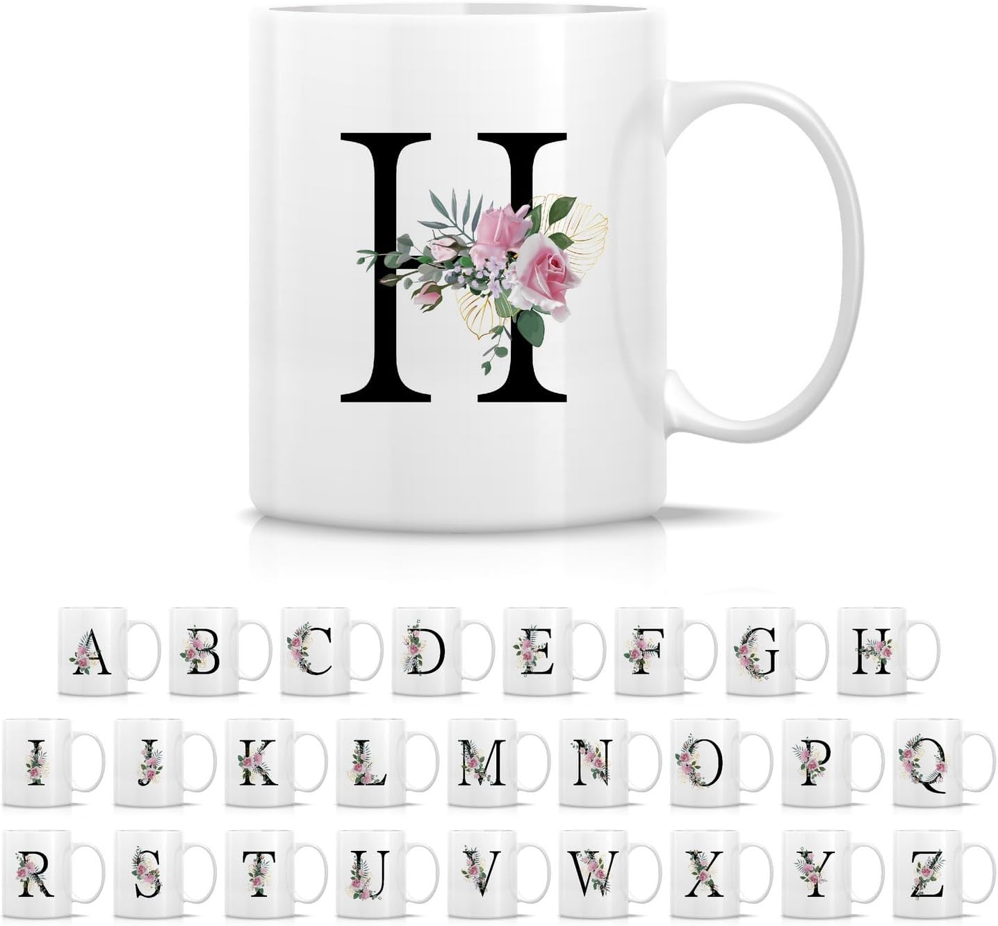 Retreez Initial A-Z Floral Botanical Bouquet Alphabet Monogrammed Monogram Mug 11 Oz Ceramic Tea Coffee Mugs - Appreciation Thank You Wedding Birthday Gifts for her friend coworker sister - H Initial