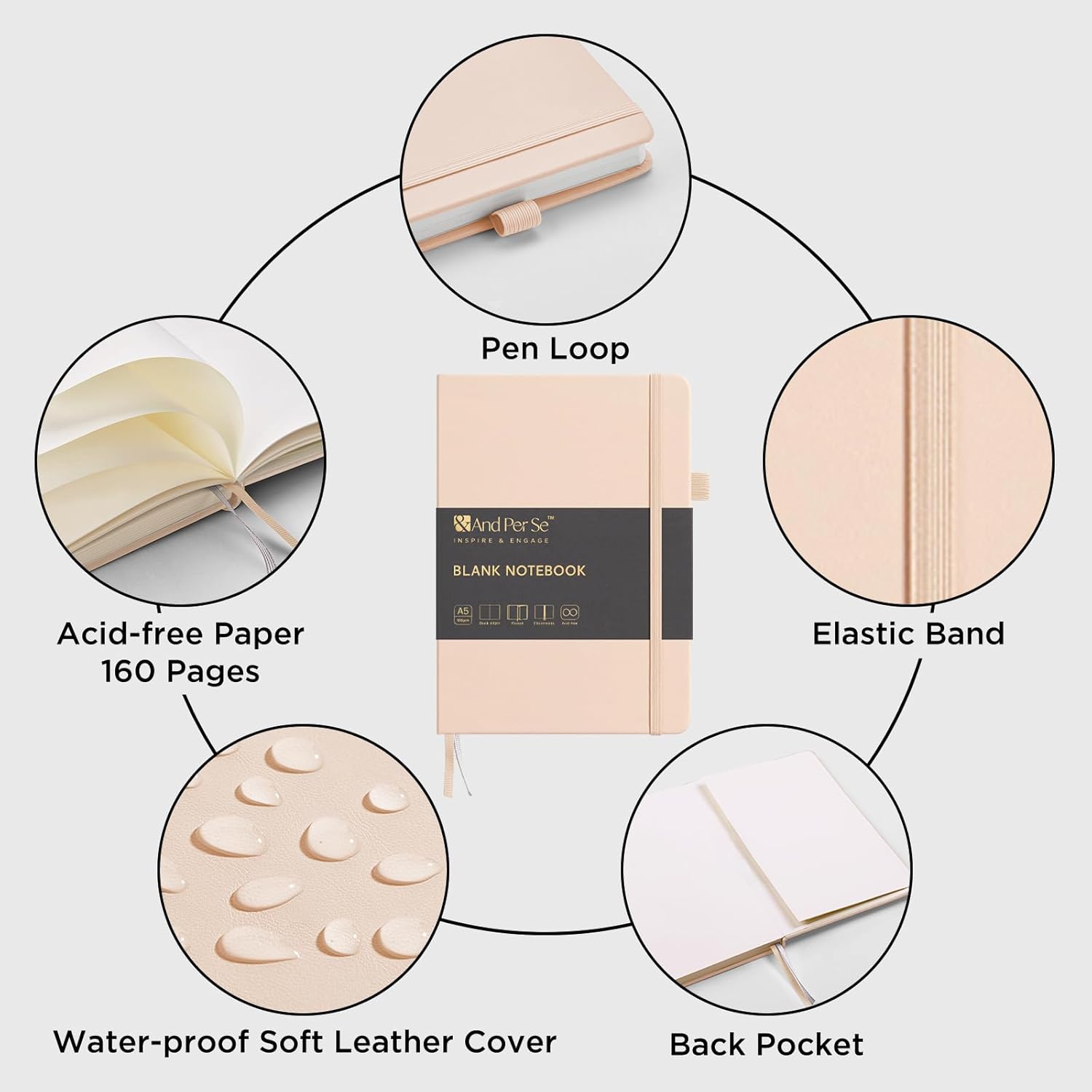 &And Per Se Blank Journal Notebook, 160 Pages, 5.7 x 8 inches College Ruled Thick Paper Notebook Journals for Writing, Hardcover Notebook(1 Pack, Light Apricot)