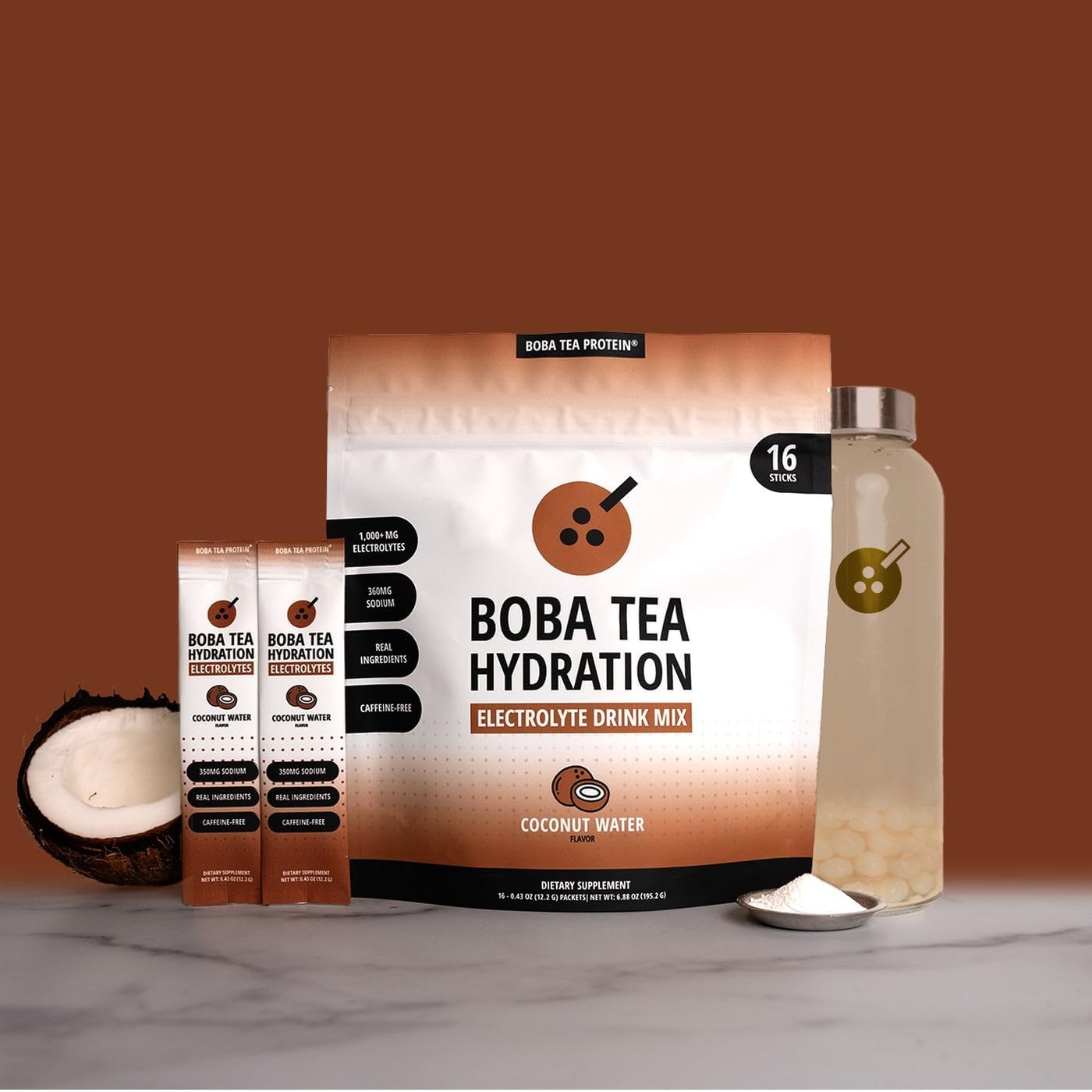 Boba Tea Hydration | Electrolyte Powder Drink Mix | Coconut Water | 1000mg Electrolytes, Vitamin C | 16 Stick Packets
