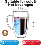 Aurzen 2 Pack Double Walled Glass Coffee Mugs with Handles, Large Insulated Layer Coffee Cups, 15oz Clear Borosilicate Mugs, Perfect for Cappuccino, Tea, Microwave Safe
