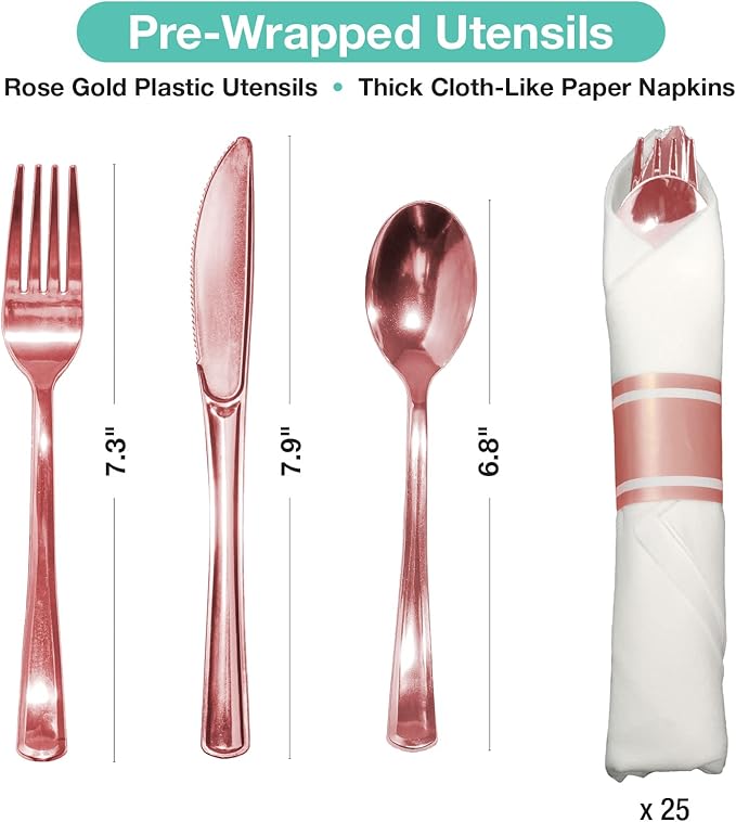 Pre Wrapped Cutlery Set- 25 sets of Fork, Knife, Spoon wrapped in a napkin - 25 Small Plates- 25 Big Plates (Silver)