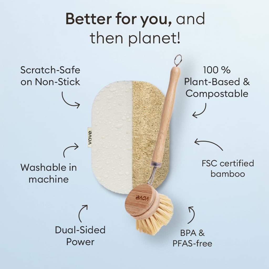 Vove Cleaning Duo, Bamboo Dish Brush Set and Natural Dish Sponges, FSC-Certified Bamboo, Sisal, Loofah, Cellulose, Plastic-Free, Eco-Friendly Zero-Waste Kitchen Dish Scrubber Set