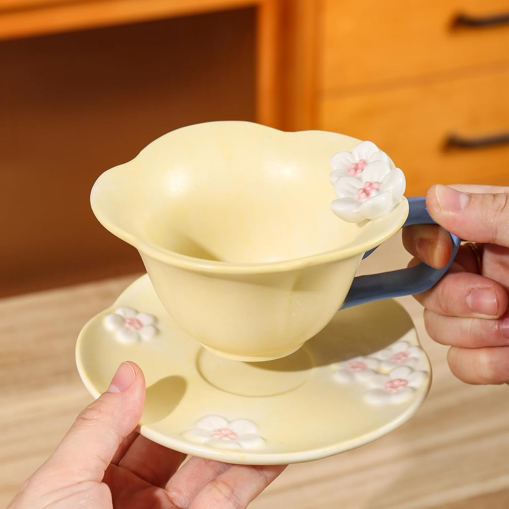 Floral Tea Cups and Saucers, Ceramic Cute Coffee Mug for Women Tea Party, Cappuccino Latte Milk (Yellow)