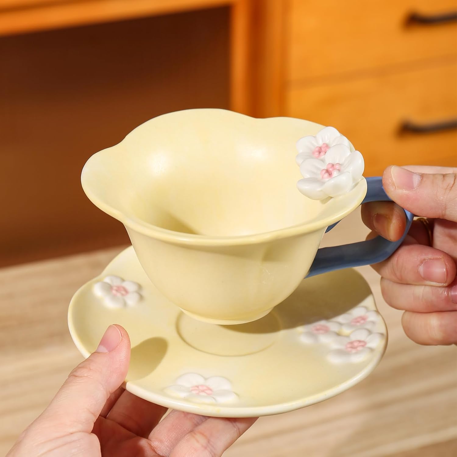 Floral Tea Cups and Saucers, Ceramic Cute Coffee Mug for Women Tea Party, Cappuccino Latte Milk (Yellow)