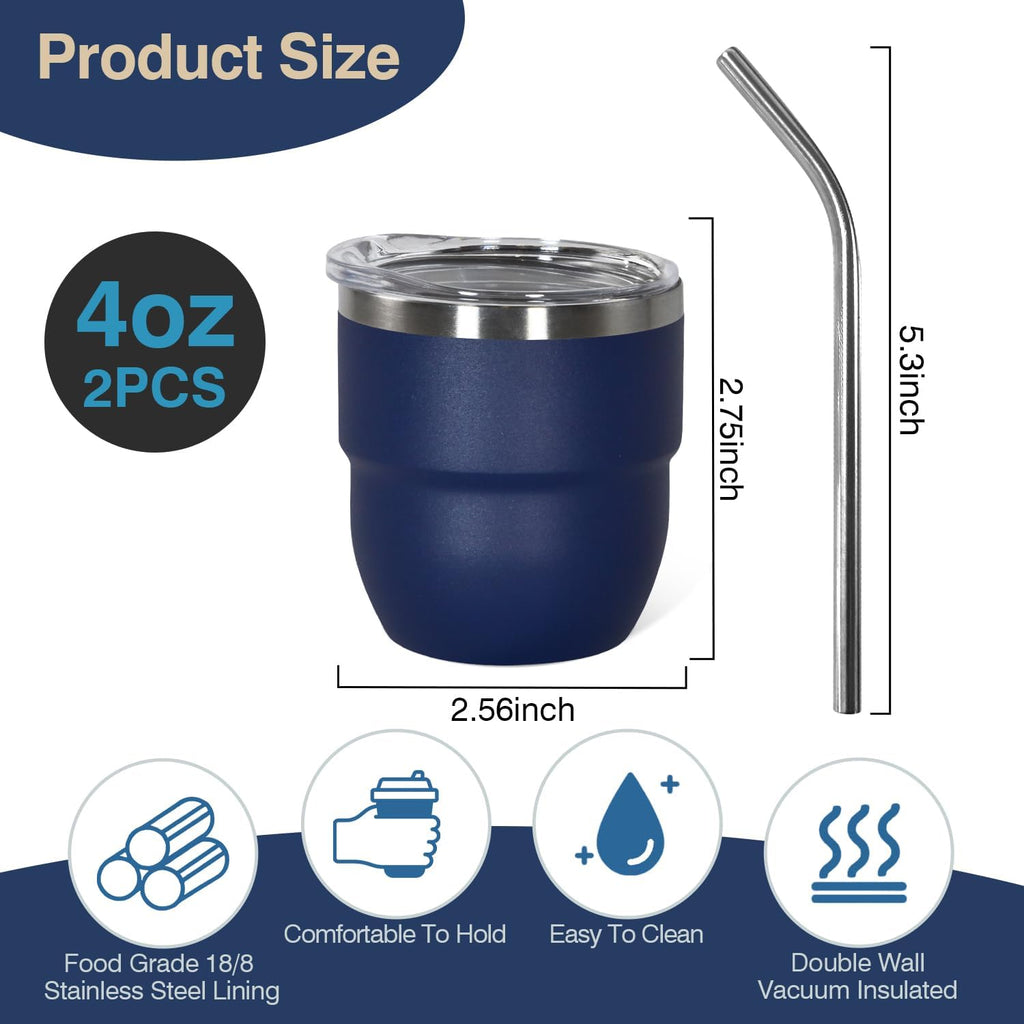 4oz Stackable Cup, Vacuum Insulated Espresso Cup Set of 2, Espresso Shot Glass for Coffee, Double Wall Stainless Steel Mini Tumbler Shot Glasses with Straw and Lid (A-navy2P, 4oz)