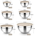 TeamFar Mixing Bowls, 6PCS Stainless Steel Nesting Mixing Salad Bowl with Lids & 3 Grater Attachments, for Food Cooking Baking Storing, Healthy, Khaki - 4.6/2.6/2 / 1.5/1 / 0.7 QT