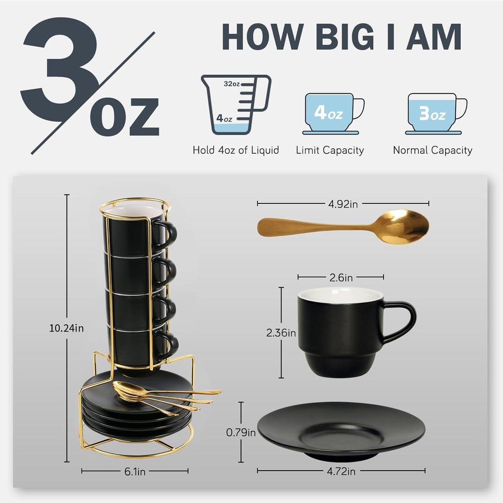 Lareina 3-Ounce Espresso Cups Set of 4, Small Stackable Coffee Cups with Saucers, Spoons and Metal Stand, Ceramic Demitasse Mugs, Espresso Accessories for Machine, Black