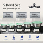 WHYSKO Stainless Steel Mixing Bowls with Lids Set - 5 Rustproof Metal Nesting Mixing Bowls for Kitchen, Meal Prep, Baking, Cooking, Storage - Includes 3 Grater Attachments, Dishwasher Safe