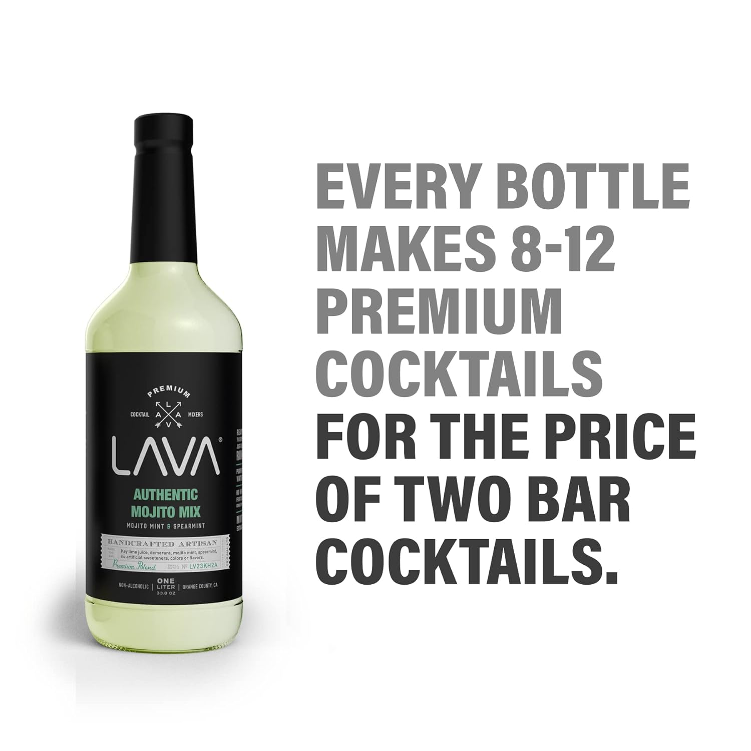 LAVA Premium Authentic Mojito Mix, Made with Real Lime Juice, Mojito Mint, Spearmint, Demerara, Cane Sugar, Refreshing Rum Mojito Mixer. Ready to Use. 1-Liter (33.8oz) Glass Bottle