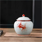 5 inches Ginger jar Lid - red fish decorative Ceramic Ginger jar vase with Lid， chinoiserie gift koi decor small jars for Home decor/jewelry/Tea/coffee beans/Storage